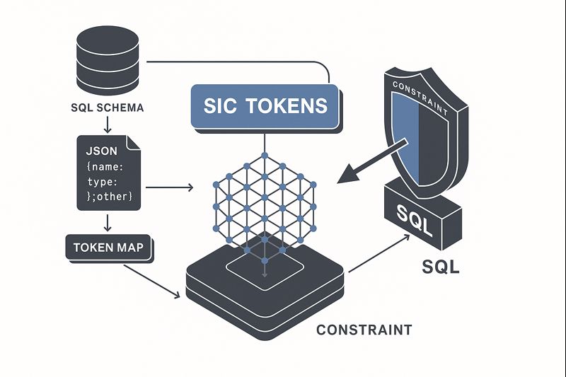 Orza API Architecture - SIC Tokens flow from SQL schema through JSON token maps to constrain LLM output